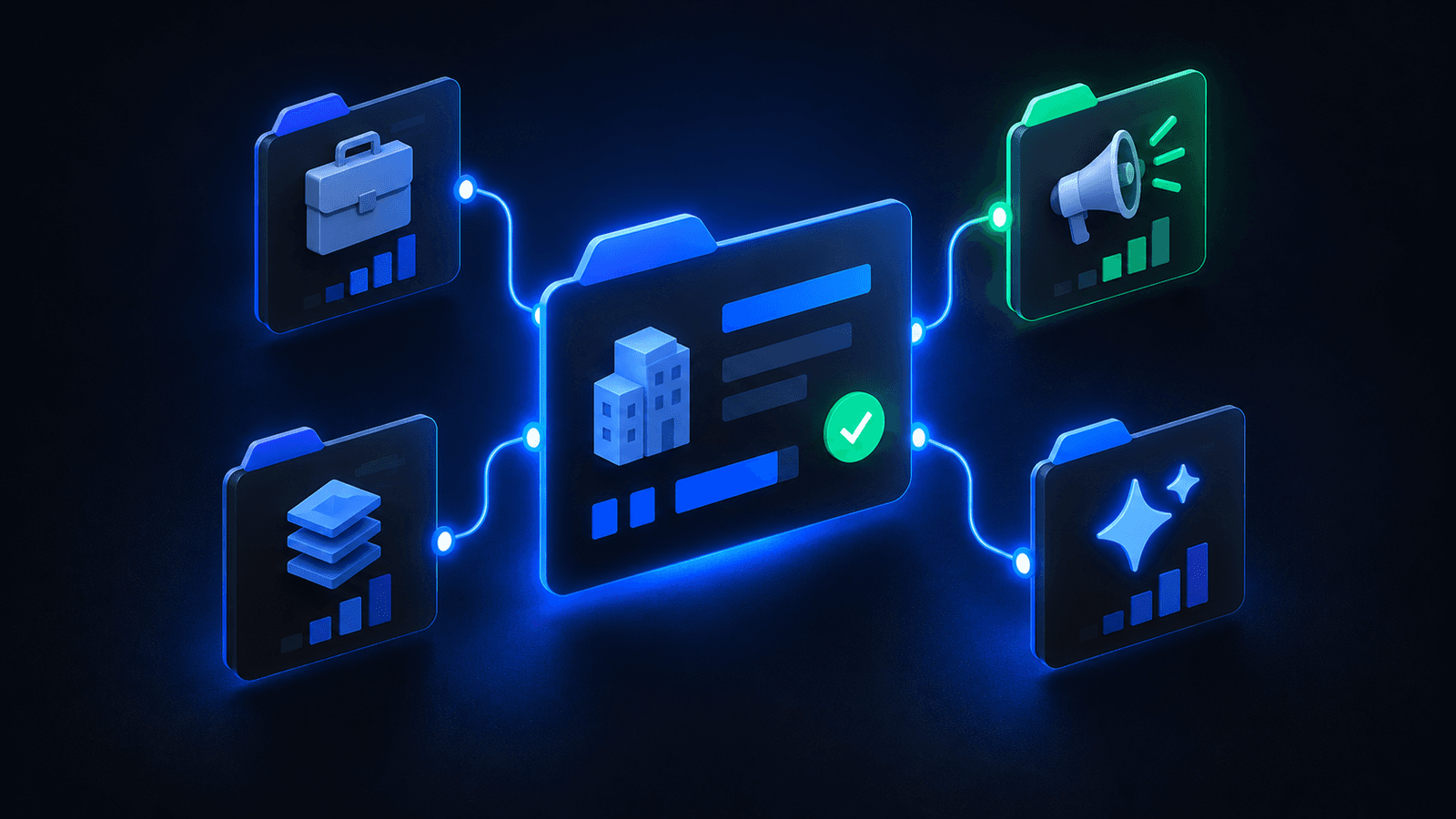 Illustration of a company brief card connected to four buying-signal icons