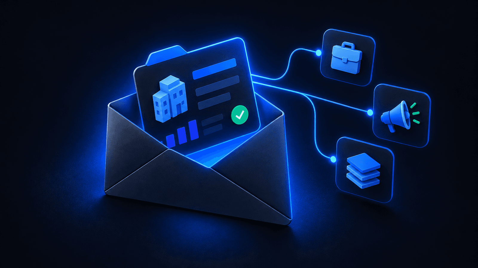 Illustration of an envelope with a company brief card sliding out, linked to signal icons